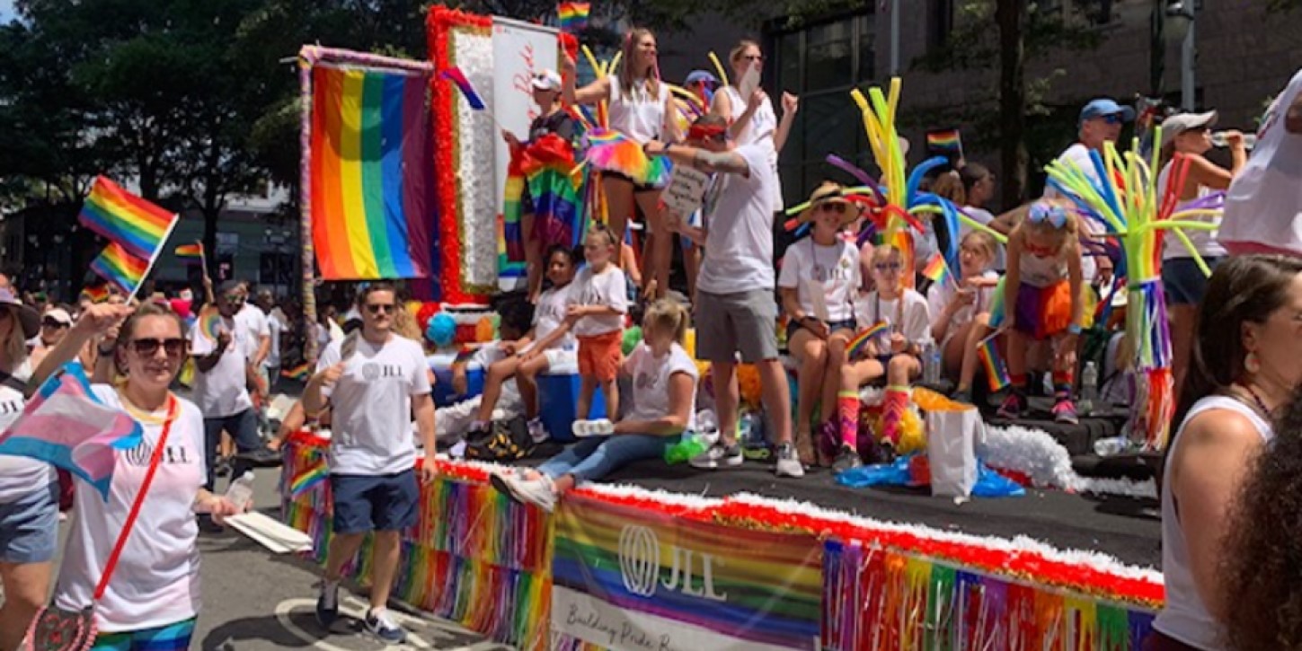 Building Pride Charlotte chapter rides in the float they created in the Pride Parade in 2019